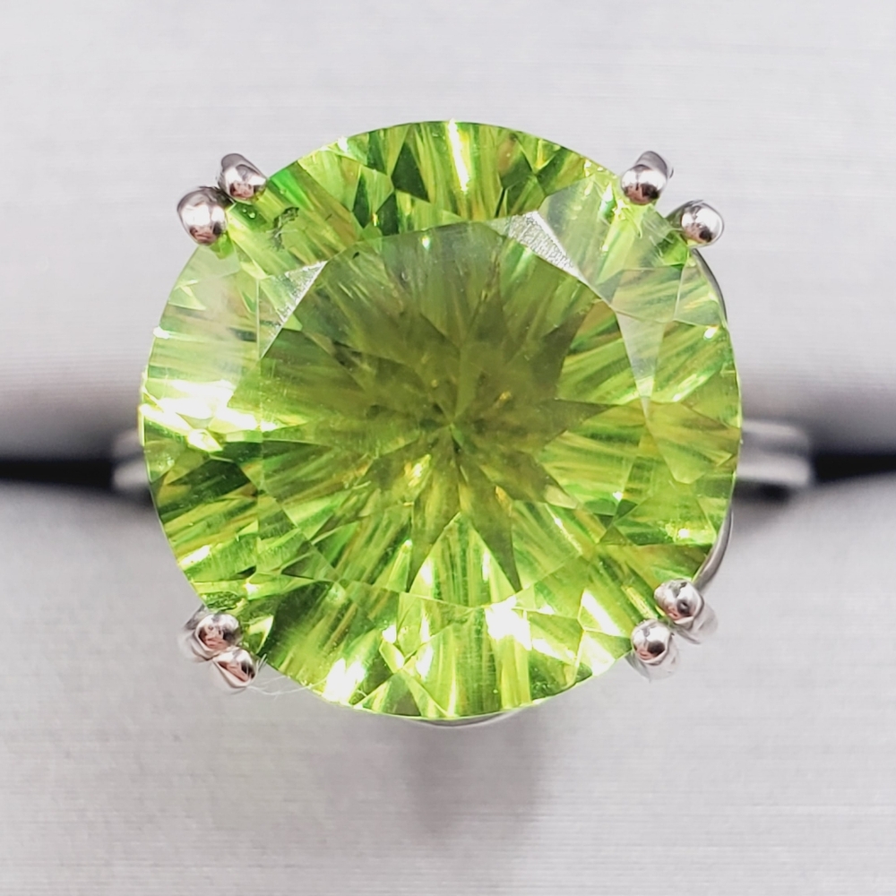 Concave Cut Chartreuse Quartz & White Zircon Platinum | 925 Sterling Silver Ring